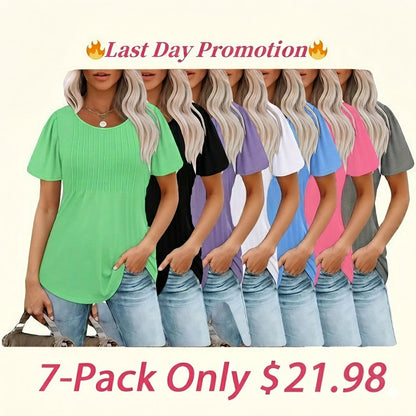 🔥Last Day Promotion🔥Womens T Shirts Short Sleeve Pleated Dressy Casual Scooped Neck Summer Tops Blouses