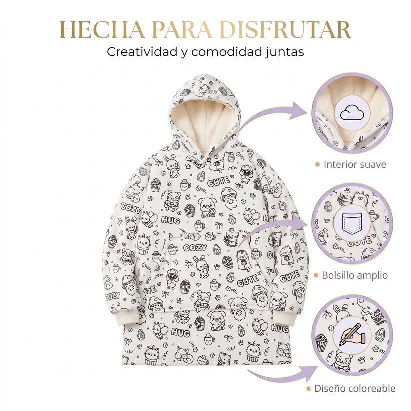 Bata para colorear                           🎨 Crea un diseño único        ☁️ Suave, cálida y súper cómoda      🧠 Creatividad y diversión sin pantallas      🎁 24 rotuladores incluidos de regalo