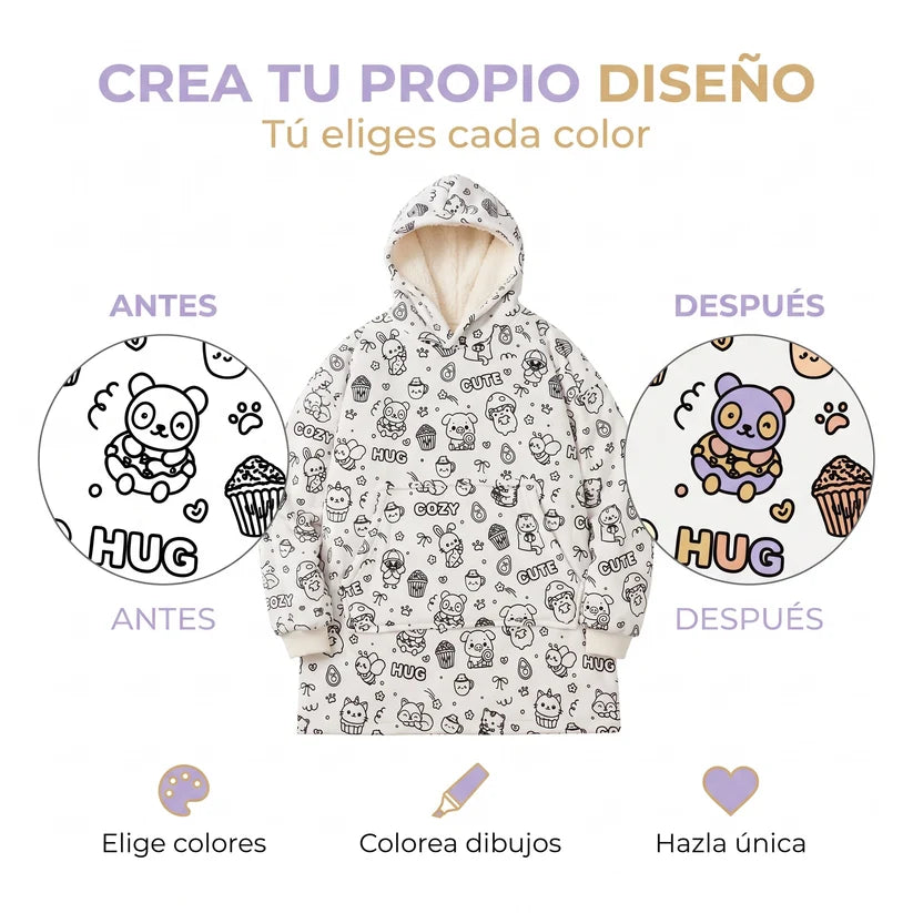Bata para colorear                           🎨 Crea un diseño único        ☁️ Suave, cálida y súper cómoda      🧠 Creatividad y diversión sin pantallas      🎁 24 rotuladores incluidos de regalo