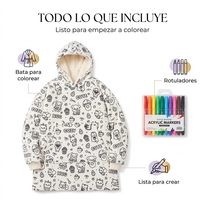 Bata para colorear                           🎨 Crea un diseño único        ☁️ Suave, cálida y súper cómoda      🧠 Creatividad y diversión sin pantallas      🎁 24 rotuladores incluidos de regalo