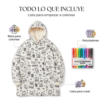 Bata para colorear                           🎨 Crea un diseño único        ☁️ Suave, cálida y súper cómoda      🧠 Creatividad y diversión sin pantallas      🎁 24 rotuladores incluidos de regalo