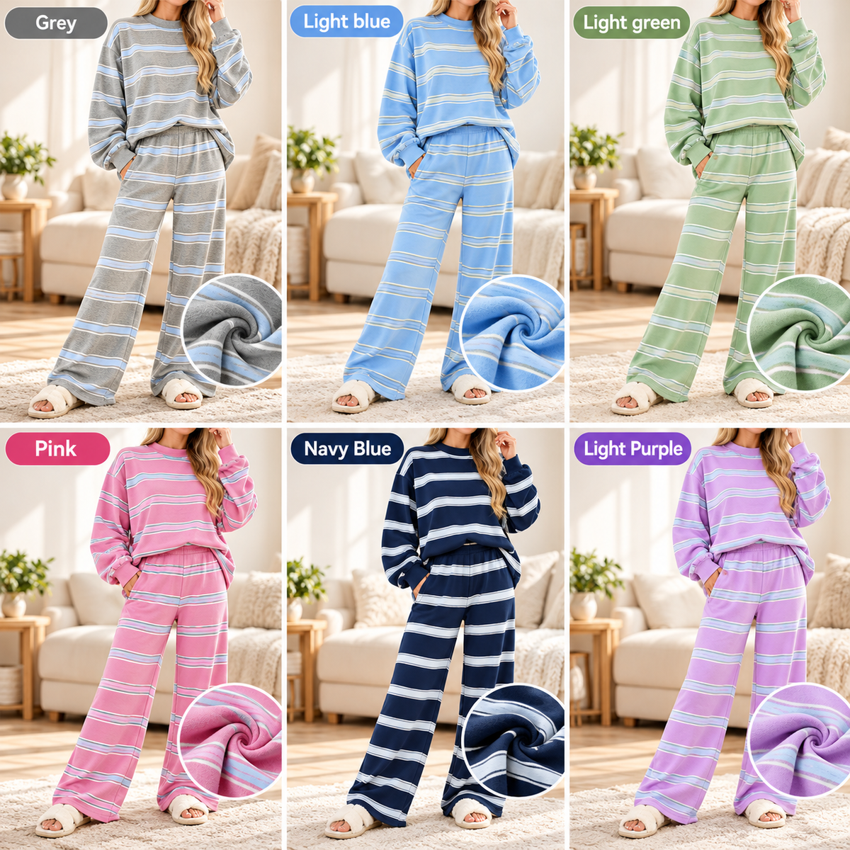 Women's Striped Crew Neck Loungewear Set, Soft Long Sleeve Top & Wide Leg Pants 2 Piece Outfit