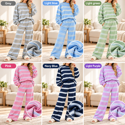 Women's Striped Crew Neck Loungewear Set, Soft Long Sleeve Top & Wide Leg Pants 2 Piece Outfit