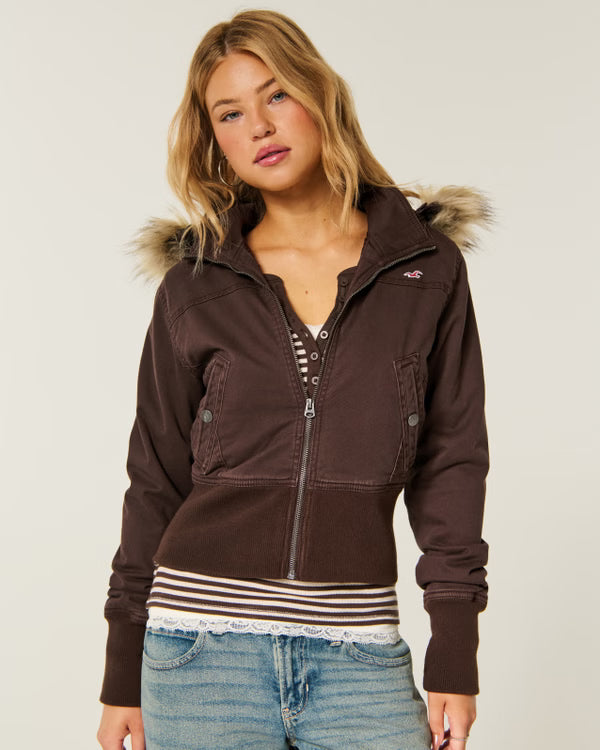 Factory Clearance | Women's Faux Fur Hood Cropped Twill Jacket, Winter Casual Outerwear