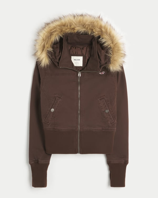 Factory Clearance | Women's Faux Fur Hood Cropped Twill Jacket, Winter Casual Outerwear