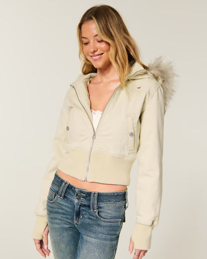 Factory Clearance | Women's Faux Fur Hood Cropped Twill Jacket, Winter Casual Outerwear