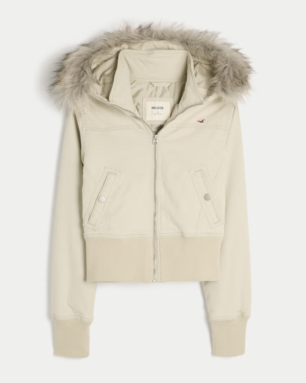 Factory Clearance | Women's Faux Fur Hood Cropped Twill Jacket, Winter Casual Outerwear
