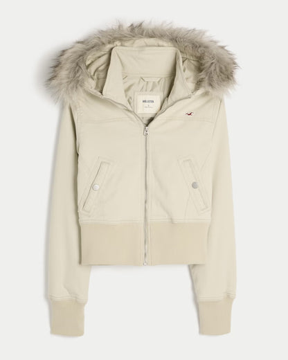 Factory Clearance | Women's Faux Fur Hood Cropped Twill Jacket, Winter Casual Outerwear
