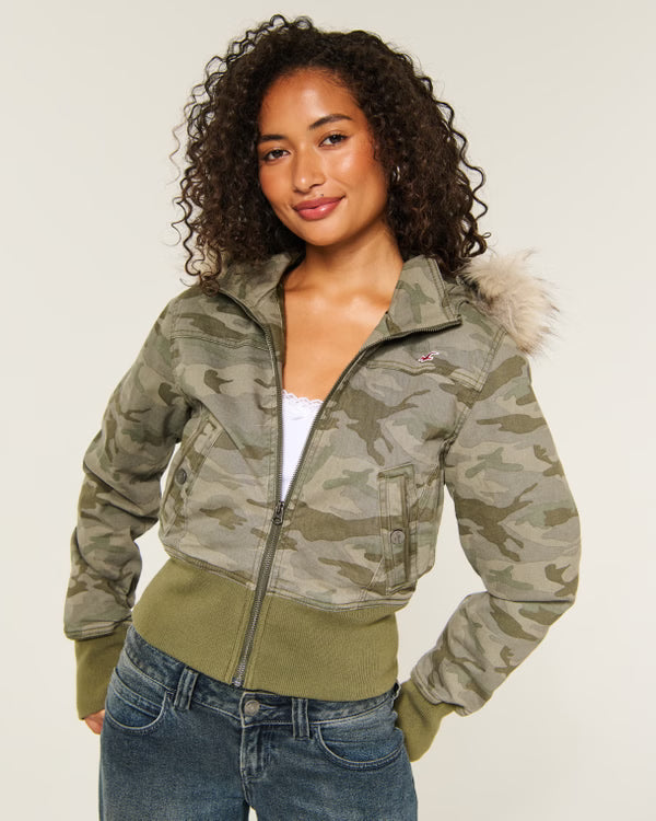 Factory Clearance | Women's Faux Fur Hood Cropped Twill Jacket, Winter Casual Outerwear
