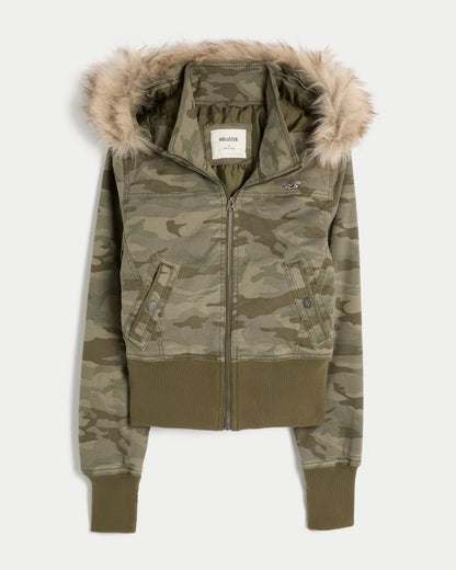 Factory Clearance | Women's Faux Fur Hood Cropped Twill Jacket, Winter Casual Outerwear