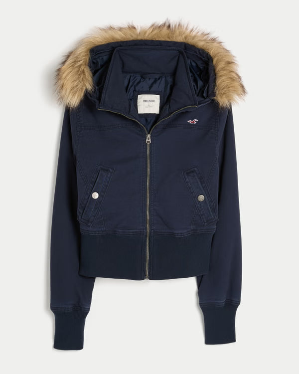 Factory Clearance | Women's Faux Fur Hood Cropped Twill Jacket, Winter Casual Outerwear