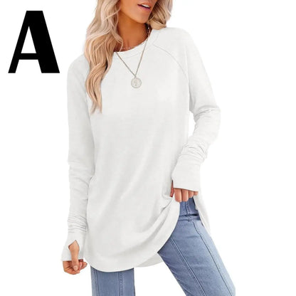 Women's Long Sleeve Tunic Top with Thumb Holes & Curved Hem