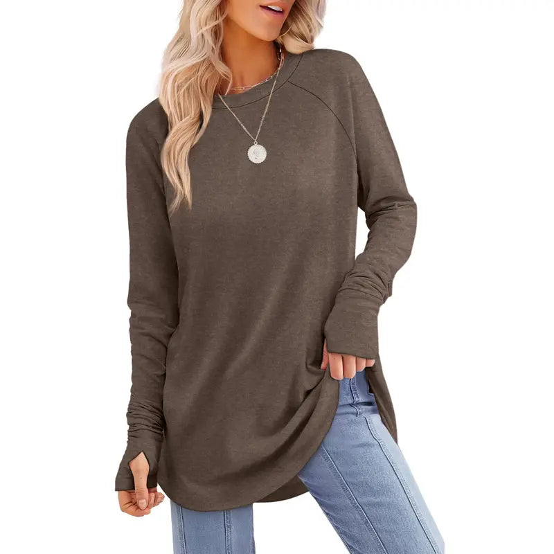 Women's Long Sleeve Tunic Top with Thumb Holes & Curved Hem