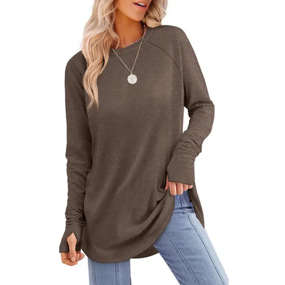 Women's Long Sleeve Tunic Top with Thumb Holes & Curved Hem