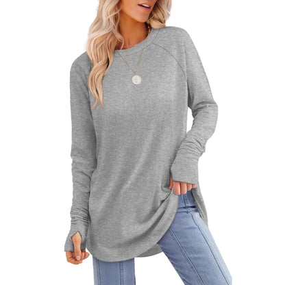 Women's Long Sleeve Tunic Top with Thumb Holes & Curved Hem