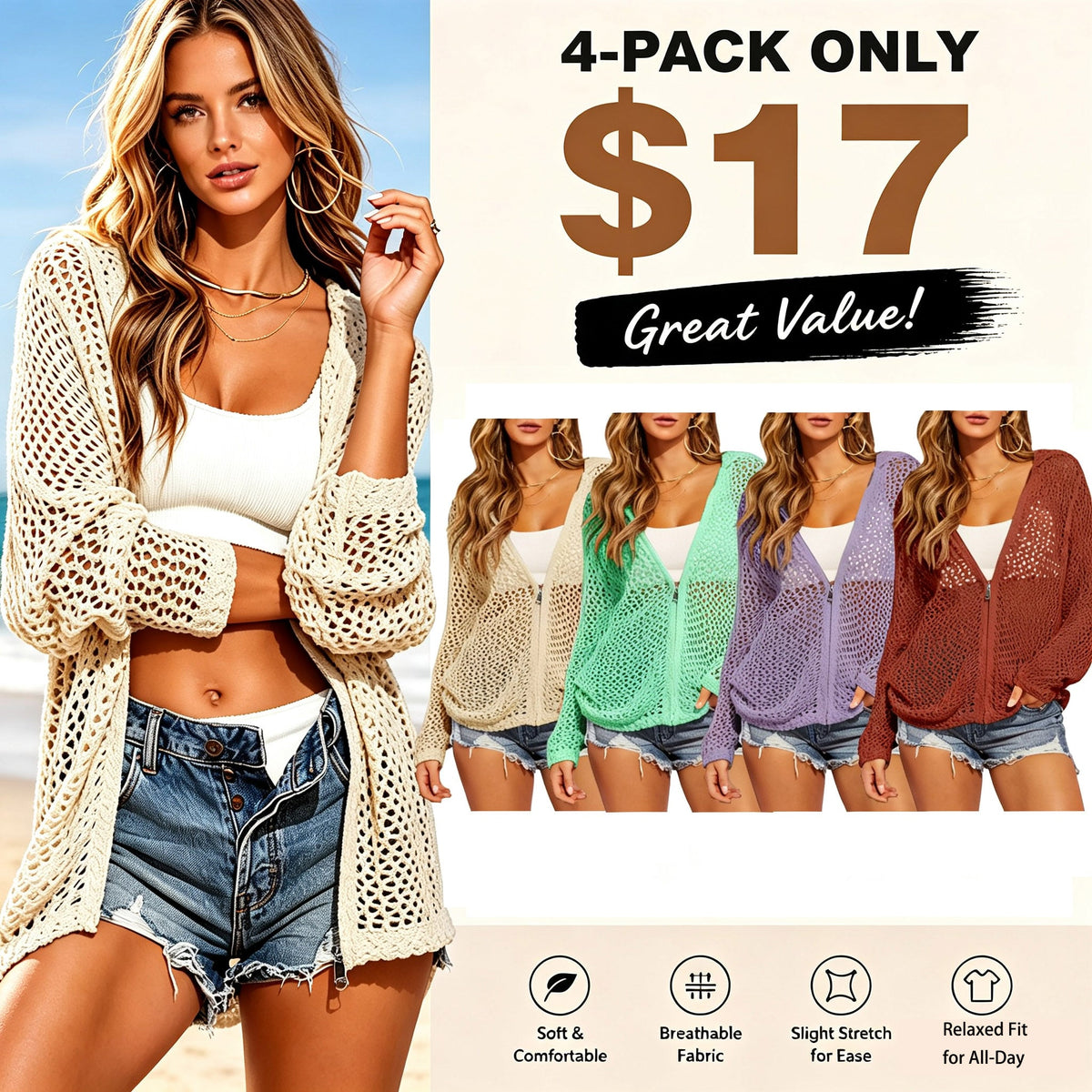 【Halloween Sale】Women's Crochet Lightweight Cardigan Zip Up