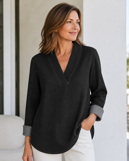 Women's Denim-Look V-Neck Tunic Blouse