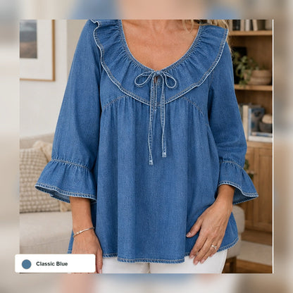 Women's Ruffle Tie-Front Denim Blouse