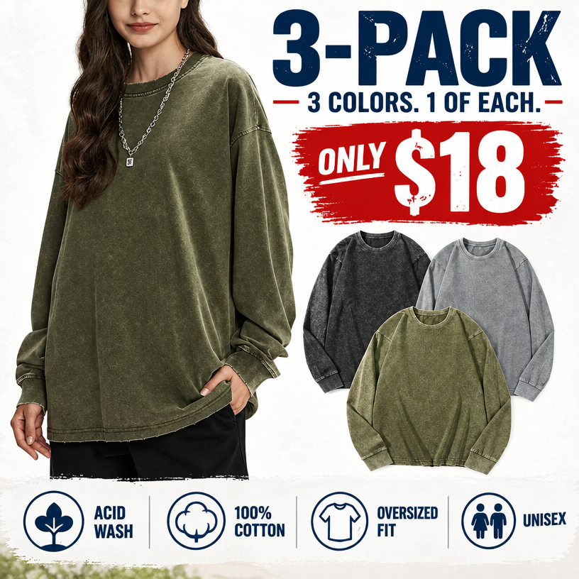Unisex Long Sleeve Acid Wash Cotton Tee