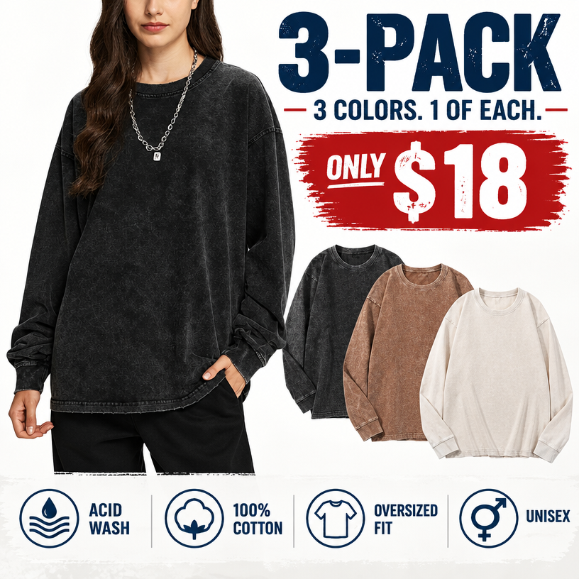 Unisex Long Sleeve Acid Wash Cotton Tee