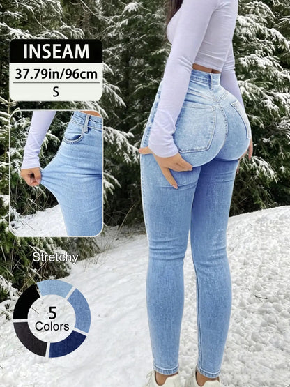 Women's 100% Cotton Elegant High-Waist Slim-Fit Button Fly Jeans