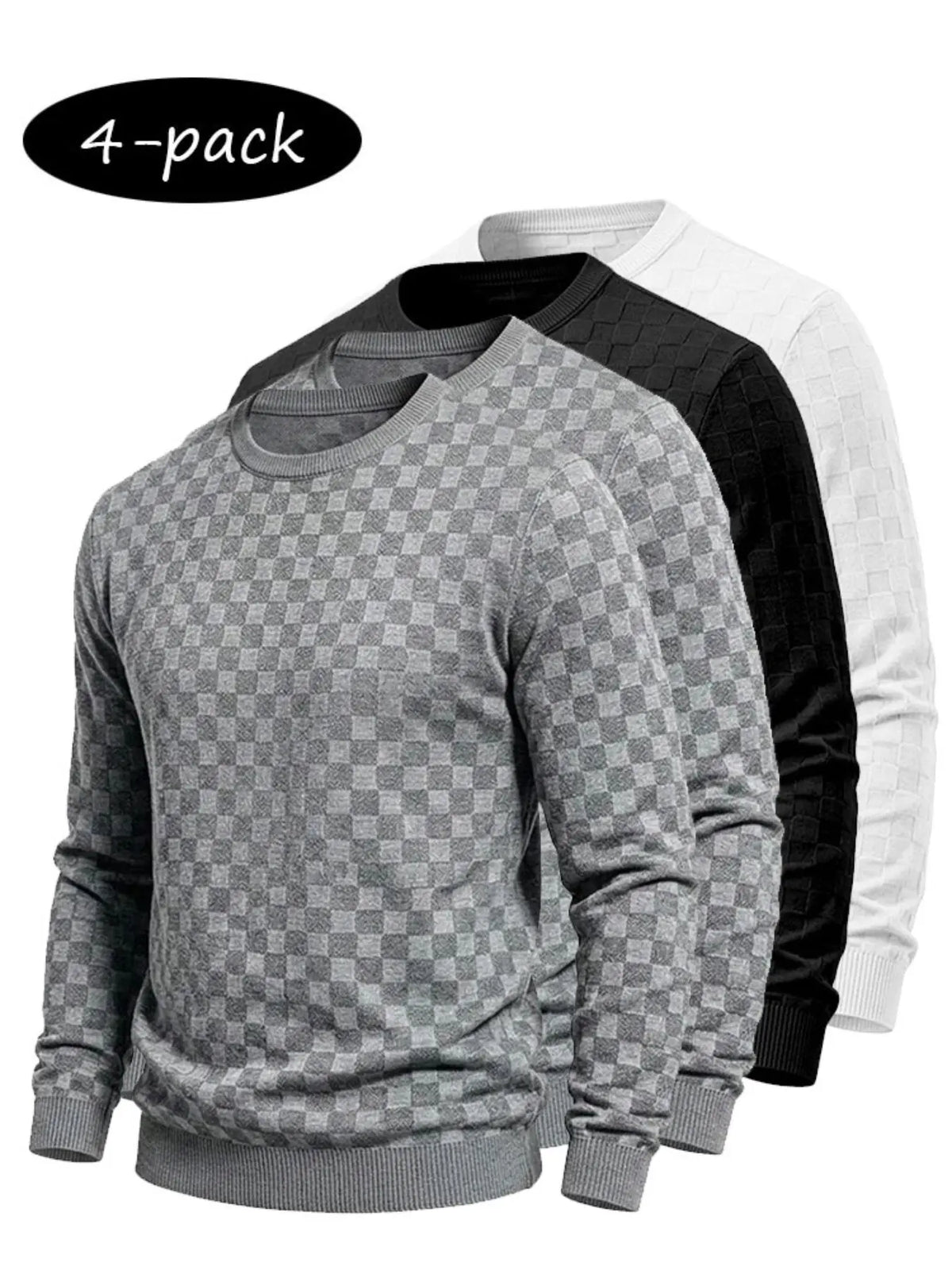 4-Pack Men's Checkered Knit Sweaters – Lightweight Crewneck Long Sleeve Pullovers