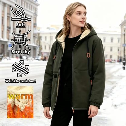 Women's Fleece Hooded Coat – Thick Warm Outerwear with Patch Detailing, Worldwide Shipping