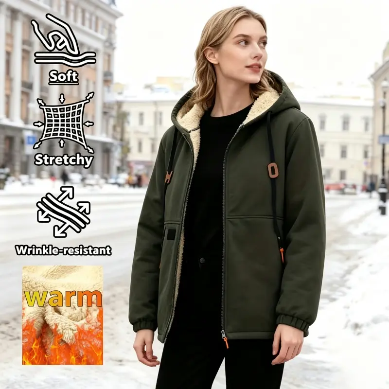 Women's Fleece Hooded Coat – Thick Warm Outerwear with Patch Detailing, Worldwide Shipping
