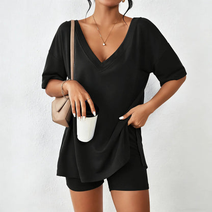 Women's V-Neck 2-Piece Loungewear Set Oversized Split Hem Top & High Waist Biker Shorts Casual Soft Pajamas