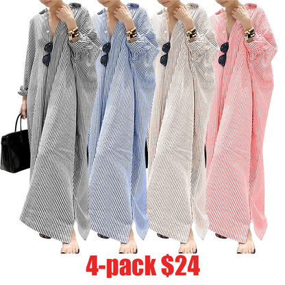 Women's Casual Long Sleeve Button Down Loose Striped Cotton Maxi Shirt Dress – Batwing Sleeves Breathable Lightweight Beach Caftan