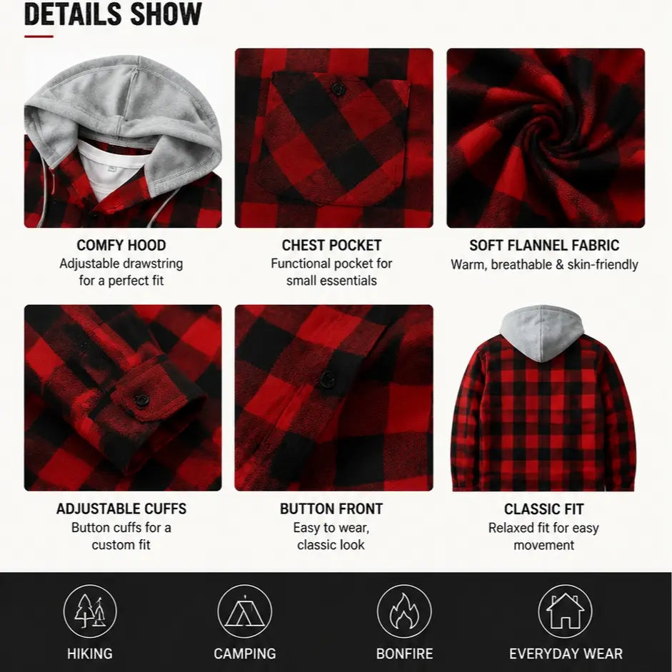 Men's Flannel Plaid Hooded Drawstring Jacket with Pockets