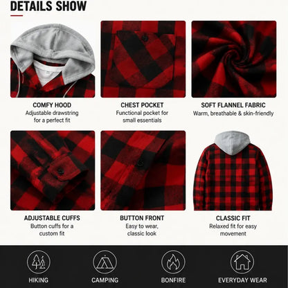 Men's Flannel Plaid Hooded Drawstring Jacket with Pockets