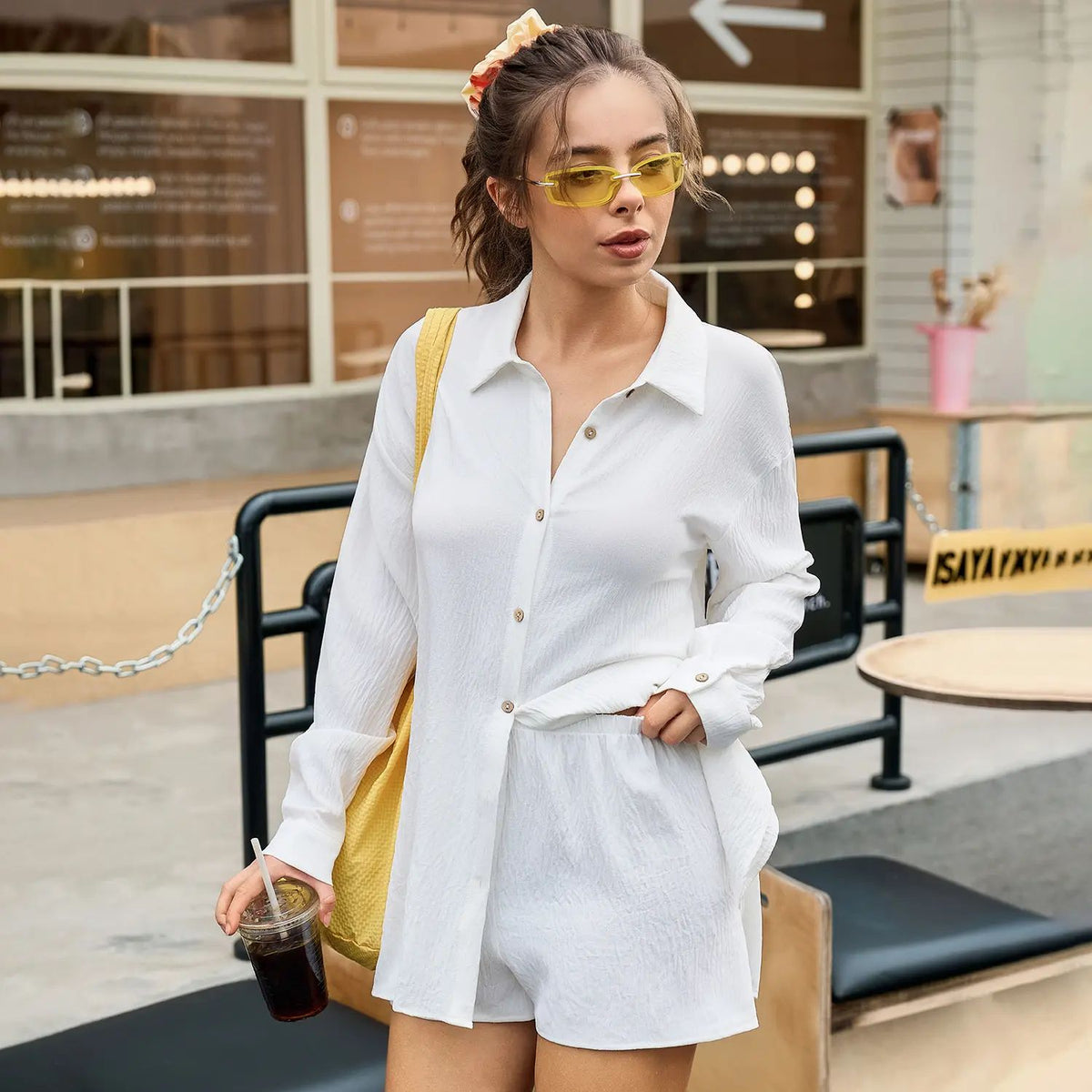Womens Gauze Shirt & Shorts Set 2-in-1 Button Connected Oversized Long Sleeve Button-Down Top with Attachable Safety Shorts