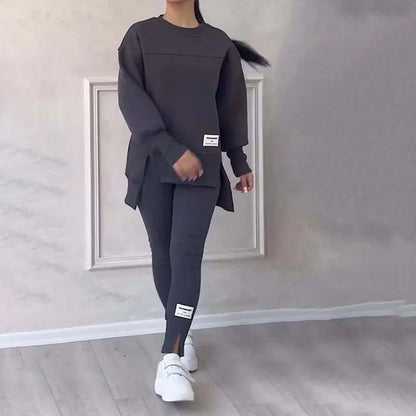 Women's Casual Solid Color Round Neck Long Sleeve Slit Hem Sweatshirt Leggings Set