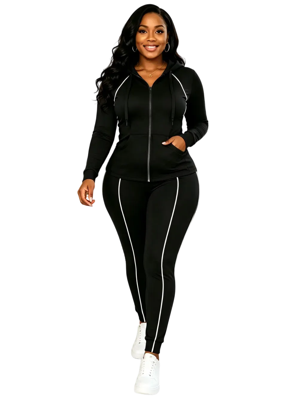 Women's 2-Piece 2026 Autumn/Winter Casual Striped Hooded Jacket & Full-Length Pants Set