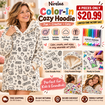 Bata para colorear                           🎨 Crea un diseño único        ☁️ Suave, cálida y súper cómoda      🧠 Creatividad y diversión sin pantallas      🎁 24 rotuladores incluidos de regalo