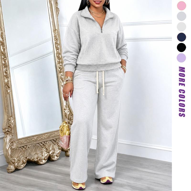 Women's Solid-Color Sweatshirt and Sweatpants Set for Autumn/Winter