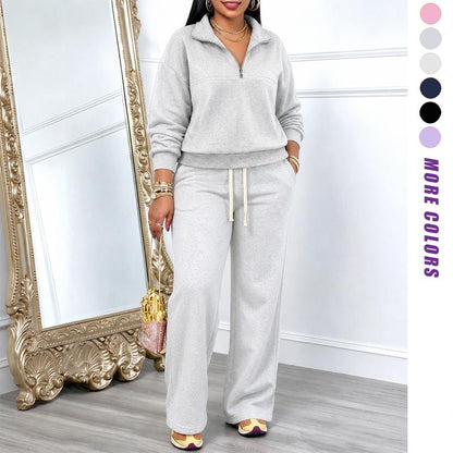 Women's Solid-Color Sweatshirt and Sweatpants Set for Autumn/Winter
