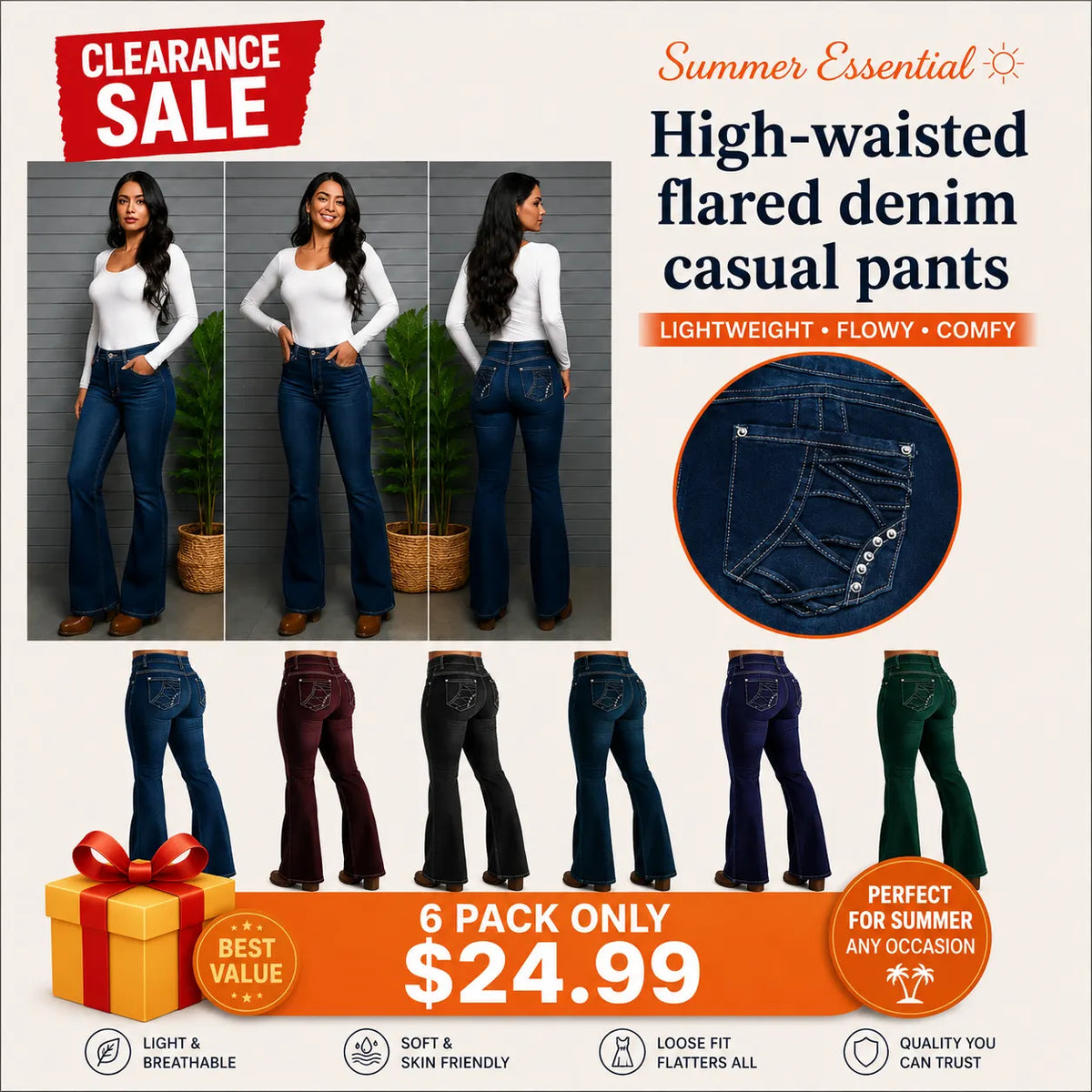 High waisted flared denim casual pants (Multiple Colors)