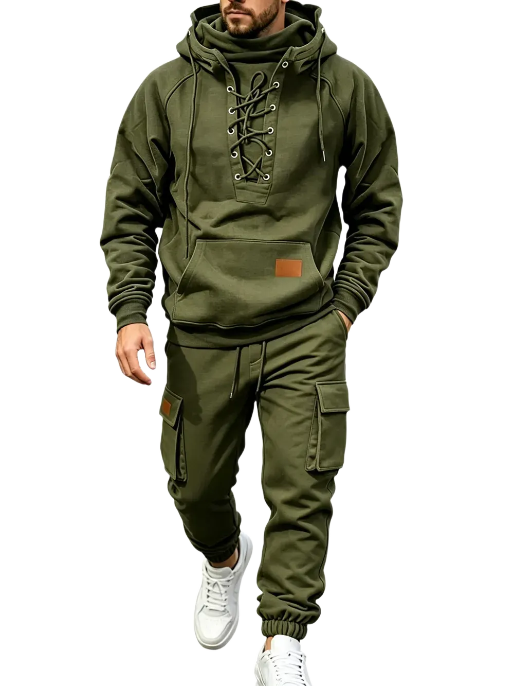 Men's Chest Tie‐Up Hoodie And Multi‐Pocket Ankle‐Cuffed Joggers