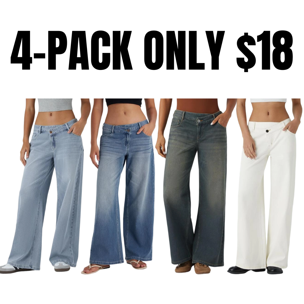 Asymmetric Low Rise Zipper Pockets Baggy Wide Leg Washed Casual Jeans
