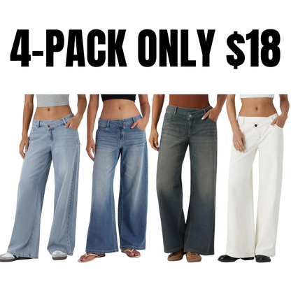 Asymmetric Low Rise Zipper Pockets Baggy Wide Leg Washed Casual Jeans