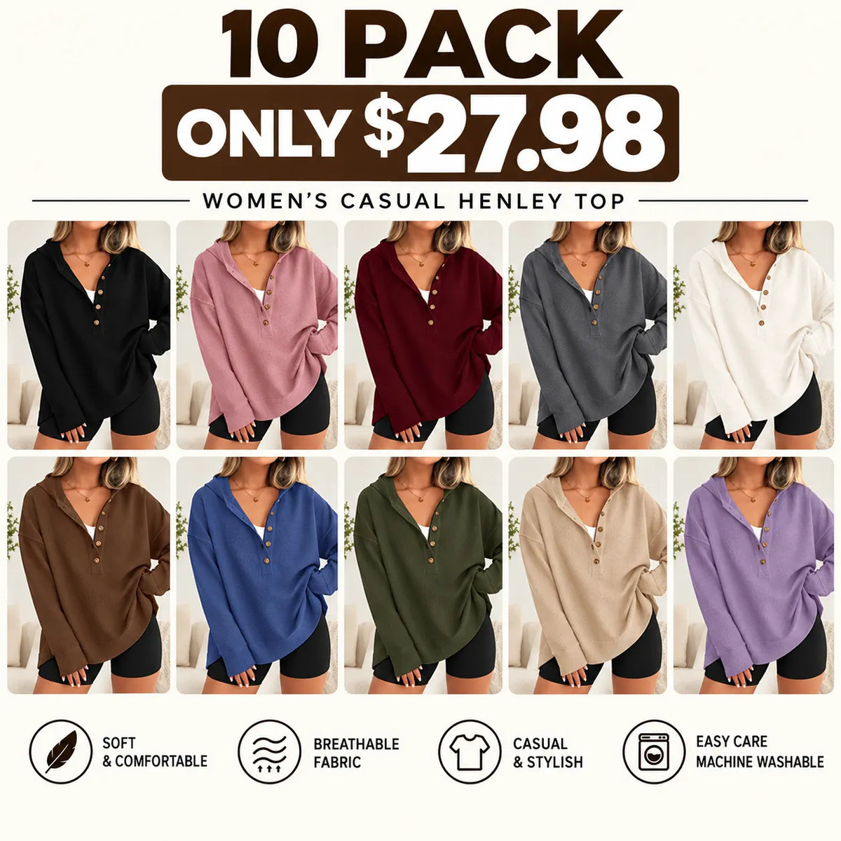 Women's Oversized Button V-Neck Hoodie Sweatshirt Long Sleeve Side Slit Casual Fall Pullover Top