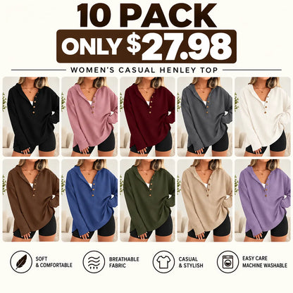 Women's Oversized Button V-Neck Hoodie Sweatshirt Long Sleeve Side Slit Casual Fall Pullover Top