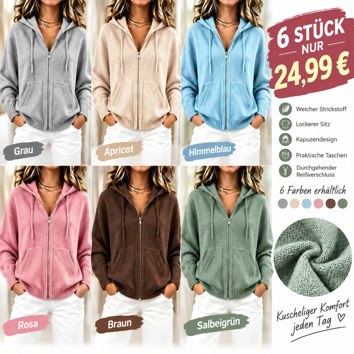 🌸 Damen-Langarm-Strickjacke mit lockerer Passform und Kapuze