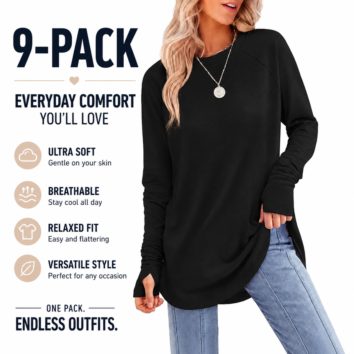 Women's Casual Long Sleeve Tops Crew Neck Round Hem Loose T-Shirts Tunic Tops with Thumb Holes