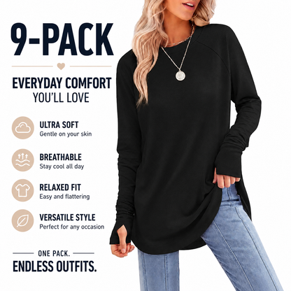 Women's Casual Long Sleeve Tops Crew Neck Round Hem Loose T-Shirts Tunic Tops with Thumb Holes