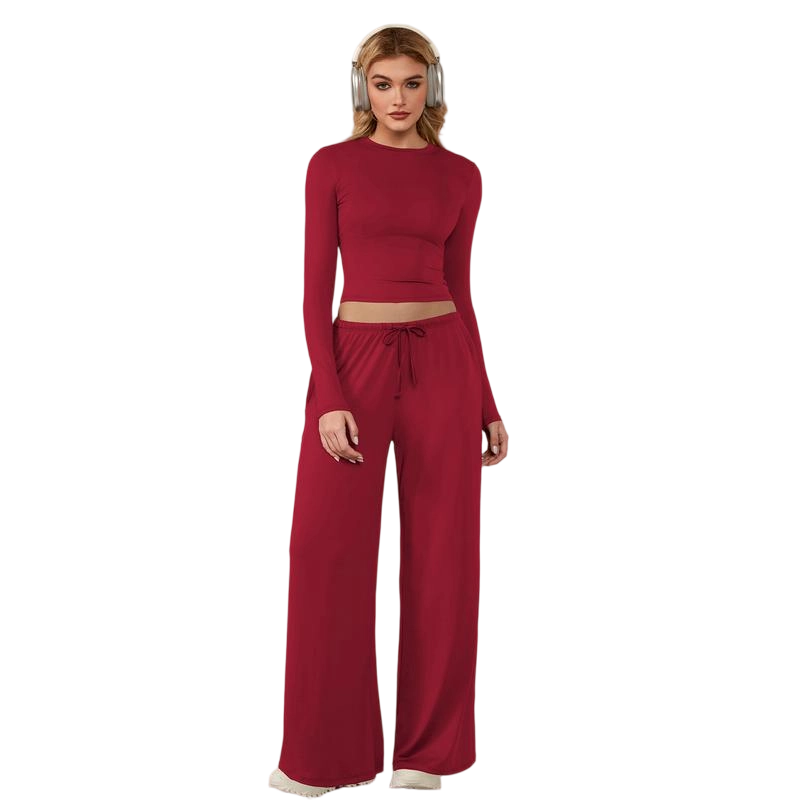 Women's 2-Piece Activewear Set Long-Sleeve Crop Top & Wide-Leg Pants Stretchy Fabric for Yoga