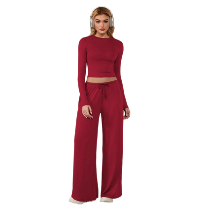 Women's 2-Piece Activewear Set Long-Sleeve Crop Top & Wide-Leg Pants Stretchy Fabric for Yoga