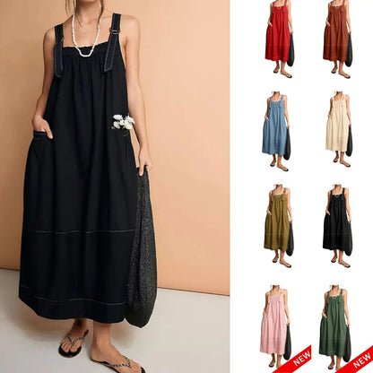 Women's Adjustable Straps Barrel Midi Dress Sleeveless Casual Midi Dress with Side Pockets for Summer Beach Vacation